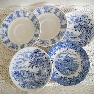 Mismatched Saucers Blue & White Set of 5 Vintage Cottagecore Farmhouse Chic Cottage Chic Prairie Tea Parties Weddings Showers