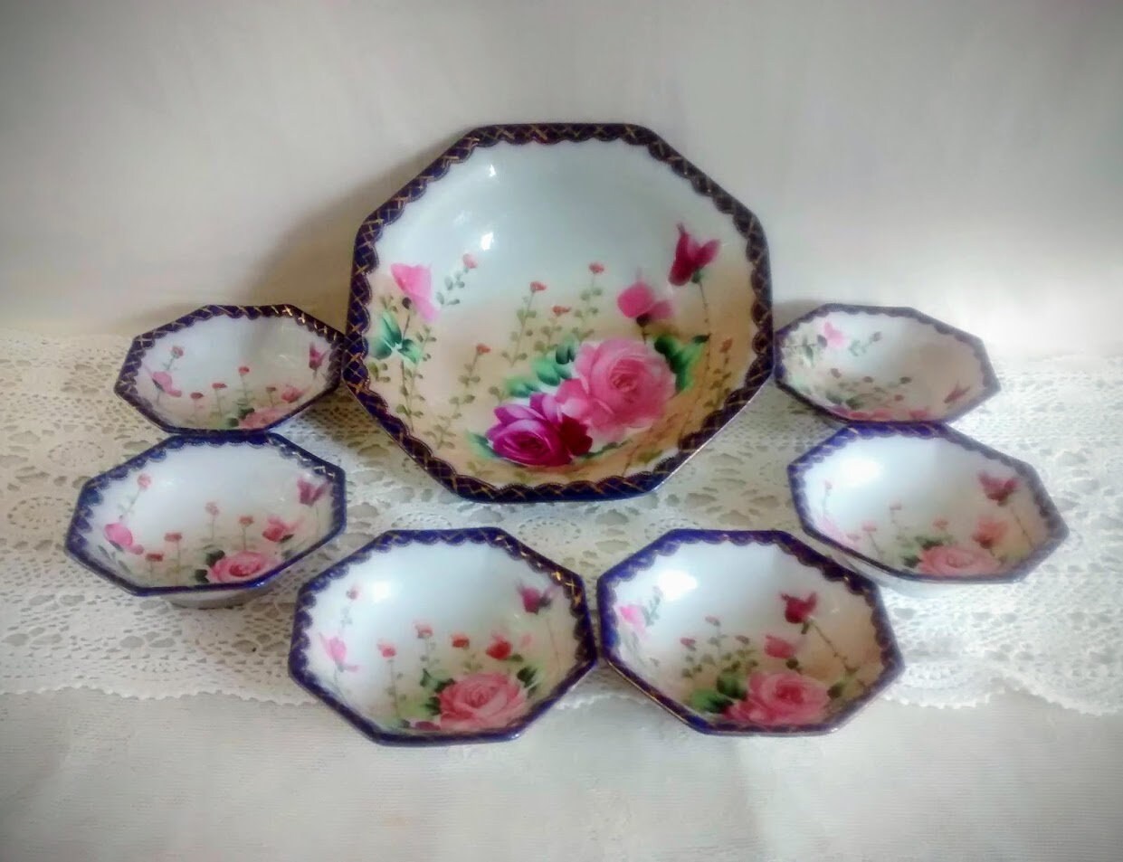 Antique Nippon Berry Bowl Set Octagonal Large Bowl and 6 Small Cobalt