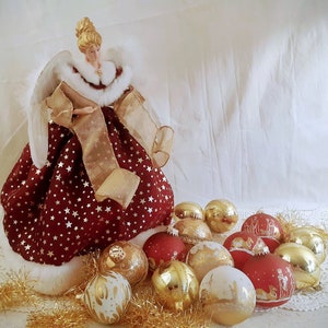 Christmas Collection Ruby Angel Tree Topper and Set of 14 Ruby Red and Gold Glass Ornaments Krebs