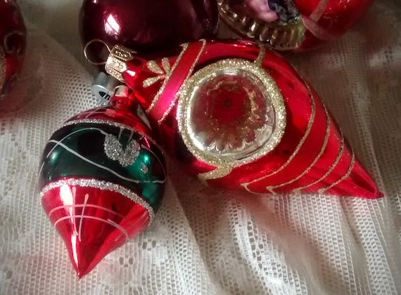 Vintage Mercury Poland Christmas Ornaments~Blue Silver Purple Red ~ Round and Atomic Star Indent Reflector~Winter Wedding Decor~Hand Painted