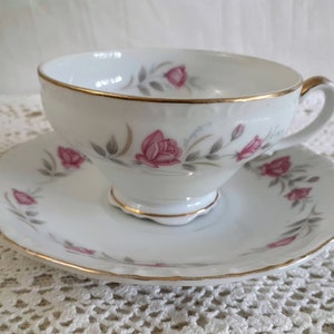 FLORADORA Vintage Empress Cup and Saucer Bone China Teacup Japan Pink Roses Gray Leaves