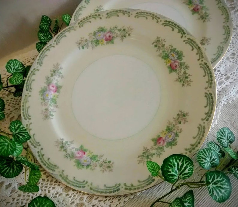 Vintage Meito China Dinner Plates Green with Pink Roses Etsy