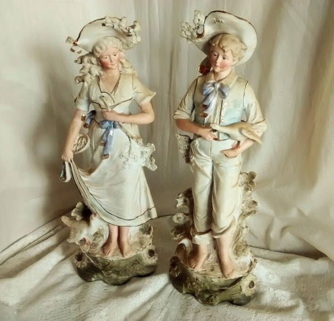 Antique German Figurines / Bisque Porcelain Girl and Boy With Geese