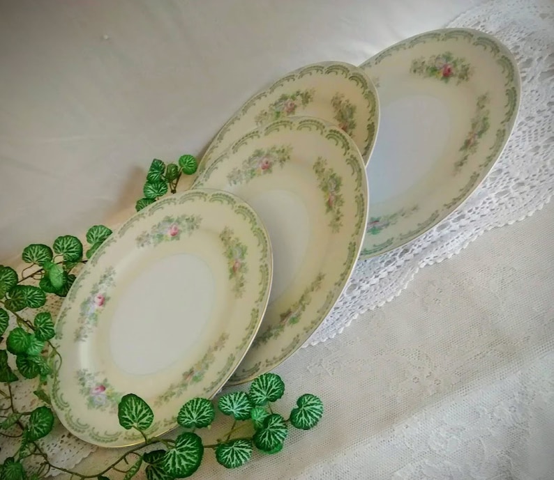 Vintage Meito China Dinner Plates Green With Pink Roses Set of Etsy