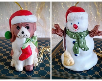 Christmas Ornaments Ceramic Bells Puppy Snowman