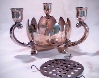Vintage Silver Plate Centerpiece Candleholder:  Leonard  Lotus with flower frog