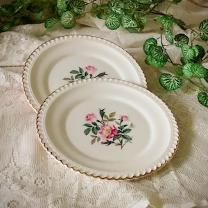 Pode incluir: Dois pratos de cerâmica branca com borda dourada e um desenho floral com rosas cor-de-rosa.
