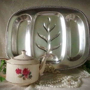 Large Silverplate Vintage Oneida Fiesta 3 Part  Platter or Meat Tray 18 inches by 14 inches