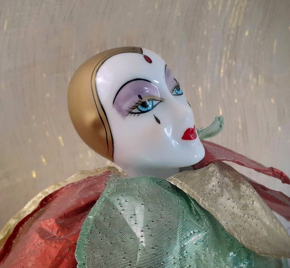 Vintage Pierrot Doll: Hand Painted Porcelain Harlequin, With Stand