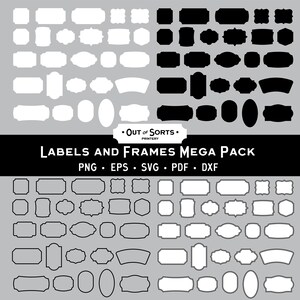 Conjunto de etiquetas para impressão, conjunto de molduras, arquivos de corte SVG, clipart de tags, elementos de forma, PNG digital, etiquetas em preto e branco