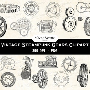 Steampunk Gears & Cogs Overlay, Vintage PNG Clipart, Hoja de collage victoriana, Ilustración mecánica antigua, Transferencia digital de diario basura