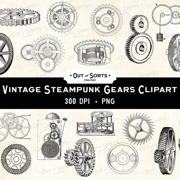 Steampunk Gears & Cogs Overlay, Vintage PNG Clipart, Victorian Collage Sheet, Antique Mechanical Illustration, Junk Journal Digital Transfer