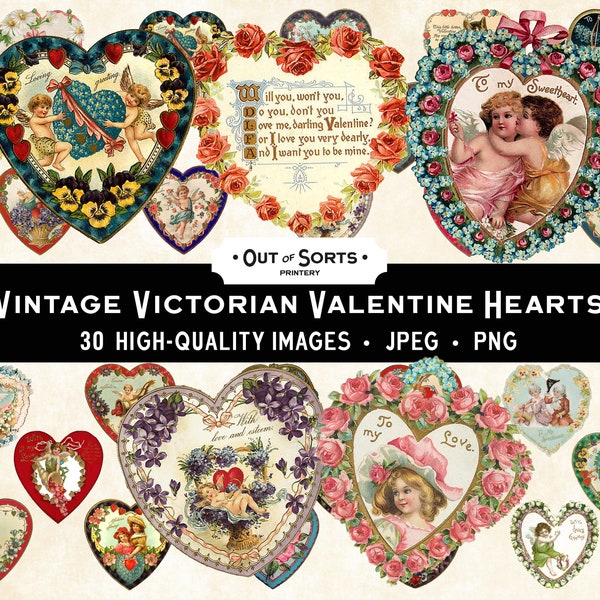 Victorian Valentine Hearts, Vintage Cards, Antique Love Cards, Valentine Clipart PNG, Digital Collage, Junk Journal Ephemera, Fussy Cuts