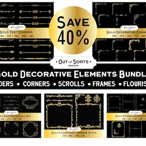 Gold Dekorative Elemente Bundle, Ecken, Divider, Rahmen, Scrolls, Schnörkel, Bordüren SVG PNG, Verzierungen, Ornamente, Goldfolie