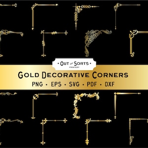 Juego de esquinas doradas, marcos de láminas decorativas, bordes vintage, imágenes prediseñadas SVG, adornos metálicos, diseños floreados