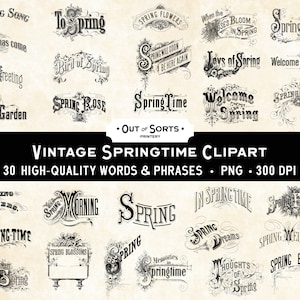 Op de afbeelding: Een verzameling van 30 vintage zwart-wit illustraties van lente-thema woorden en zinnen. De illustraties zijn in een decoratieve, sierlijke stijl met versieringen en krullen. De woorden omvatten "Lentelied", "De lente is gekomen", "Naar de lente", "Lentebloemen", "Lentegroeten", "Vogel van de lente", "De lente zal snel weer terug zijn", "Wanneer de rozen in de lente bloeien", "Vreugde van de lente", "Welkom in de lente", "Lentetuin", "Lente roos", "Lentetijd", "Welkom lente", "Lenteviooltjes", "Lentebloemen", "Lenteochtend", "Lente", "In de lente", "Lentetijd", "Lentebloesems", "Herinneringen aan de lentetijd", "Lentedromen", "Lentewelkom", "Gedachten aan de lente", "Lentebloesems".
