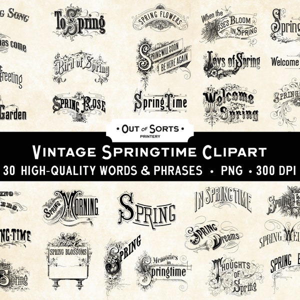 Vintage Springtime Words and Phrases, Spring Overlays, Antique Easter Clipart, Junk Journal, Scrapbook Ephemera, Digital Transfer, Collage