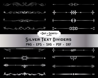 May include: A set of 10 silver text dividers, featuring a variety of ornate designs. The dividers are perfect for adding a touch of elegance to any document or project. The text "• OUT OF SORTS • PRINTERY" is displayed at the top of the image.