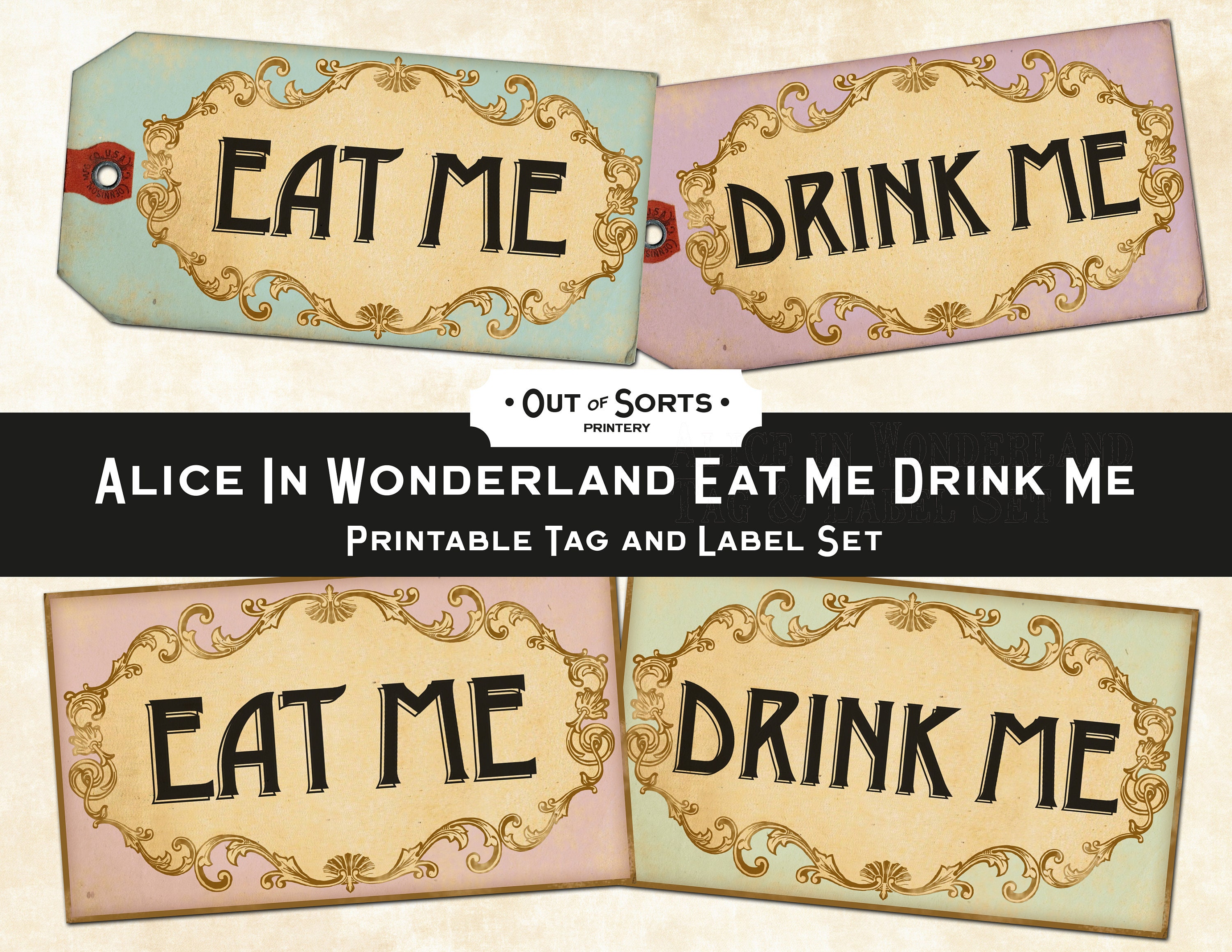  Handra 50pcs Drink Me Tags Alice in Wonderland Drink Me Tags,  Open Me, Take Me, Eat Me, Mad Hatter Tea Party Decorations (Eat Me) :  Health & Household