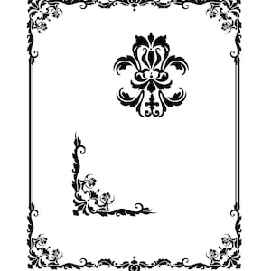 May include: Black and white decorative frame with ornate floral designs. The frame has a center design with a large floral motif and corner designs with smaller floral motifs.