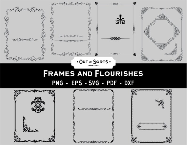 May include: Set of ten black and white ornate frames and flourishes. The frames are in various styles, including square, rectangular, and oval. The flourishes are in various styles, including swirls, scrolls, and leaves. The frames and flourishes are perfect for adding a touch of elegance to any project.