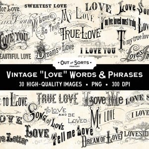 Mots « amour » anciens, dictons romantiques, Clipart Saint Valentin, superpositions de mariage, PNG vintage