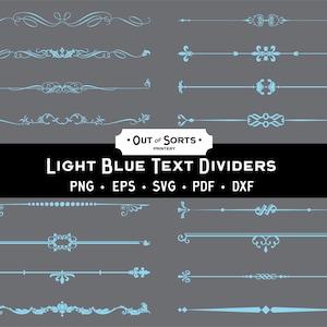 Puede incluir: Una colección de divisores de texto azul claro con varios diseños ornamentales, incluyendo espirales, motivos florales y formas geométricas, sobre un fondo gris. La imagen incluye el texto "LIGHT BLUE TEXT DIVIDERS" y formatos de archivo.