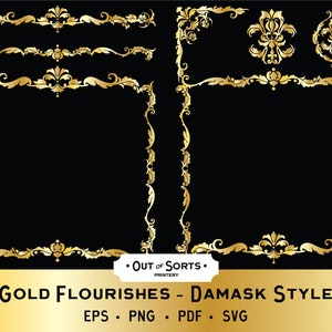 May include: Gold flourishes and damask style design elements on a black background. The image includes ornate borders, corners, and decorative motifs in a gold color. The text "Gold Flourishes - Damask Style" is displayed at the bottom.