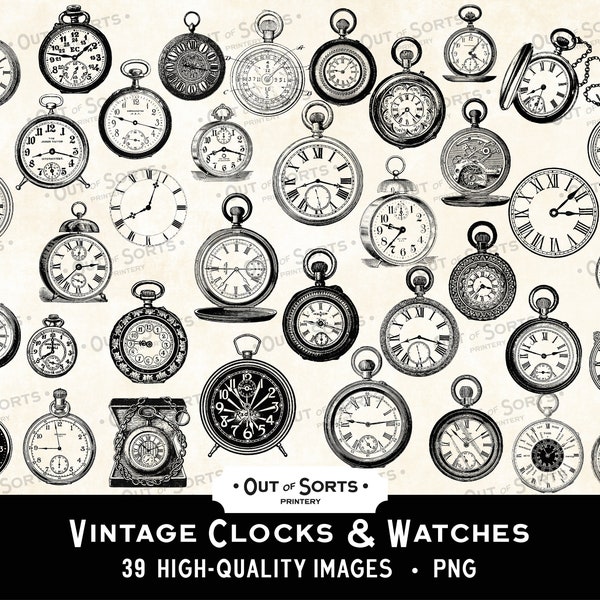 Clocks and Watches Overlays, Vintage Stopwatch PNG, Antique Pocket Watch Clipart, Timepiece Collage Sheet, Victorian Steampunk Illustration
