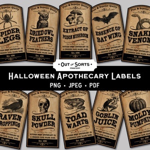 May include: Ten vintage-style Halloween apothecary labels featuring illustrations of various spooky creatures and ingredients. The labels are printed on a brown background with black text and feature the words "Pure & Superior Quality" at the top. The labels include names like "Spider Legs", "Dried Owl Feathers", "Extract of Poison Mushroom", "Essence of Bat Wing", "Snake Venom", "Raven Droppings", "Skull Powder", "Toad Warts", "Goblin Juice", and "Moldy Pumpkin".