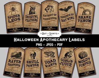May include: Ten vintage-style Halloween apothecary labels with illustrations of various spooky creatures and ingredients. The labels are printed on a brown background with black text and feature the words "Pure & Superior Quality" at the top. The labels include names like "Spider Legs", "Dried Owl Feathers", "Extract of Poison Mushroom", "Essence of Bat Wing", "Snake Venom", "Raven Droppings", "Skull Powder", "Toad Warts", "Goblin Juice", and "Moldy Pumpkin".