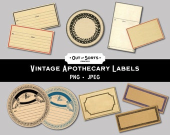 May include: A collection of vintage apothecary labels in various shapes and sizes. The labels are in shades of beige and tan, with decorative borders and text fields. Some labels are circular, while others are rectangular. The text "VINTAGE APOTHECARY LABELS" is displayed.