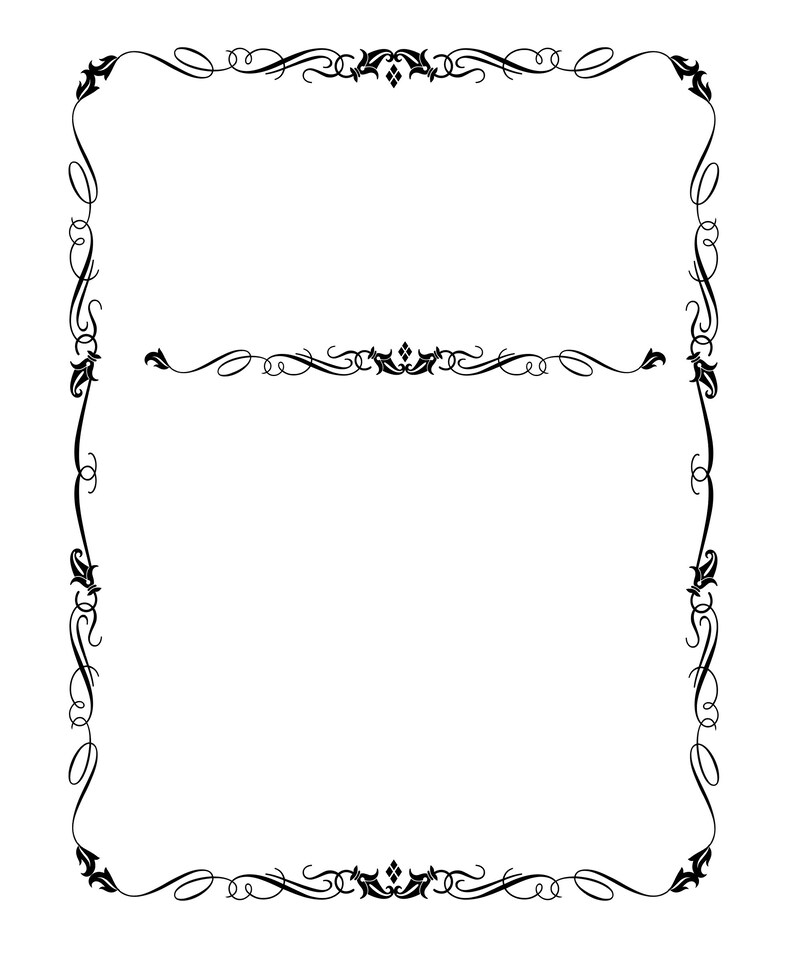 May include: A black and white decorative frame with a floral design. The frame has a double border with a decorative flourish at each corner.