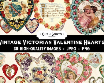 Cœurs victoriens pour la Saint-Valentin, cartes vintage, Clipart amour antique, collage numérique, éphémères pour le journal indésirable, coupes difficiles