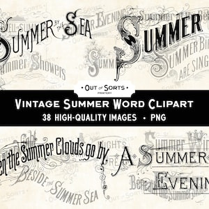 Può includere: Illustrazioni vintage in bianco e nero di frasi a tema estivo, tra cui "Summer by the Sea", "Summer Showers", "Summer", "Summer Birds are Singing", "When the Summer Clouds go by", "A Summer Evening" e "Beside the Summer Sea".