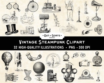 Superposiciones Steampunk, Clipart victoriano vintage, Diario basura, Collage PNG, Ilustraciones antiguas, Scrapbooking Ephemera, Transferencia digital