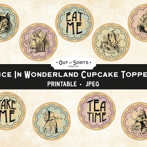 Alice In Wonderland Cupcake Toppers, Printable Party Decor, Cake Decoration, Circles Clip Art, Tea Party JPEG