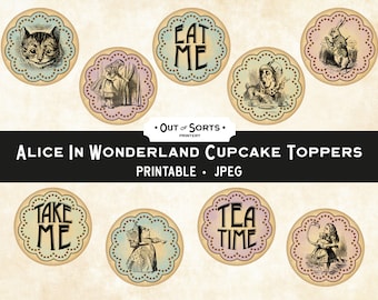 Alice In Wonderland Cupcake Toppers, Printable Tea Party Decor, Cake Decoration, Circles Clip Art