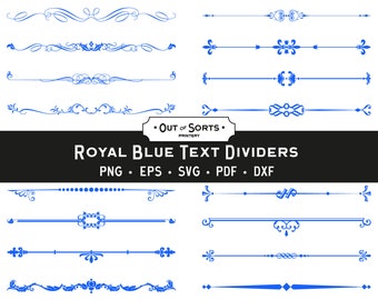 Koningsblauwe tekstverdelers, blauwe decoratieve ornamenten, blauwe paginaverdelers, tekstverdelerclipart, blauwe scheidingslijnen PNG, blauwe frames, rand SVG