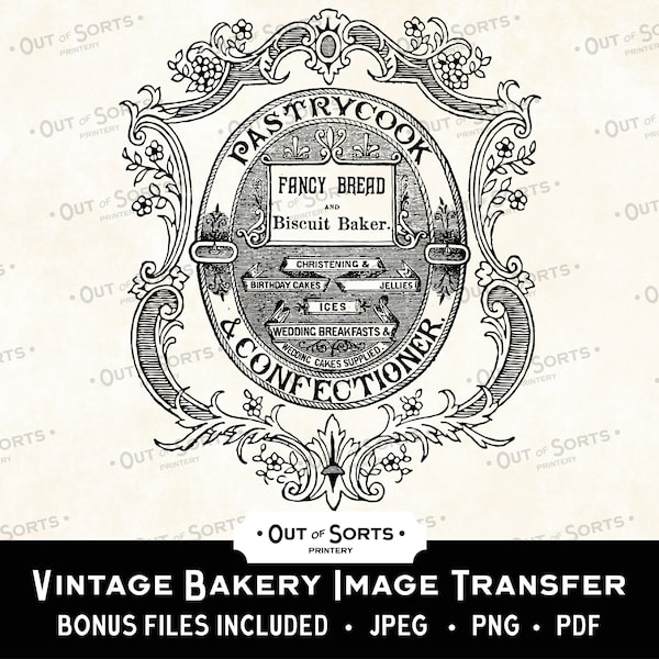 Vintage Bakery, Bread Maker Sign, Fabric Image Transfer, Digital Overlay, Kitchen Pastry Cook Clipart, Antique Collage, Shabby Chic