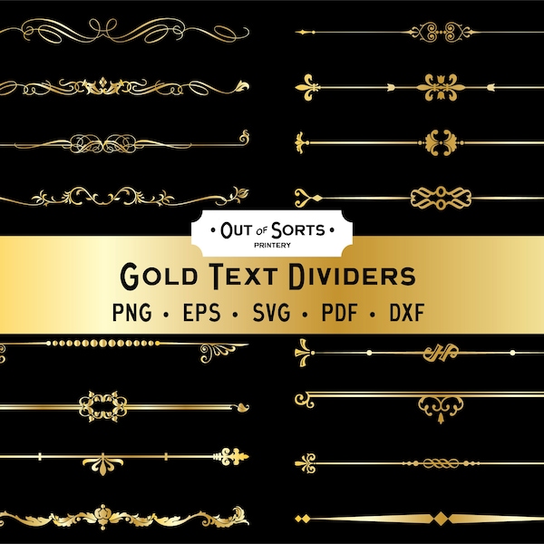 Gold Text Dividers, SVG Borders, Gold Decorative Clipart, Vector Graphics, Wedding Ornaments, Gold Flourish, Printable PNG