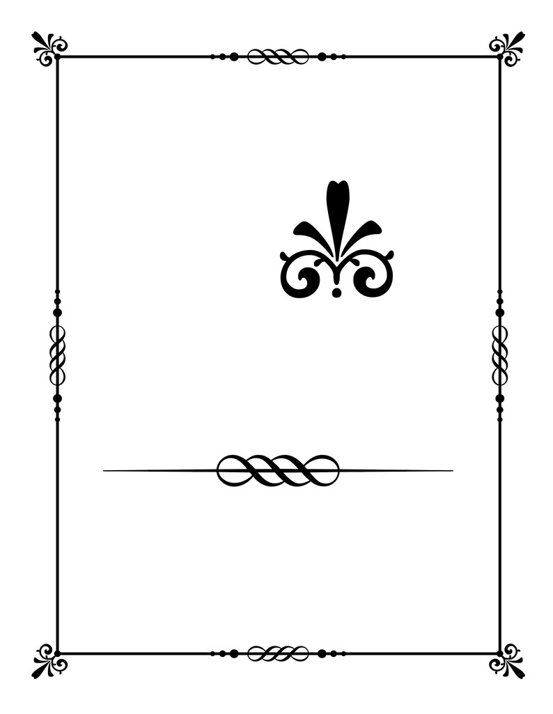 May include: A black and white decorative frame with a simple design. The frame has a decorative flourish in the center.