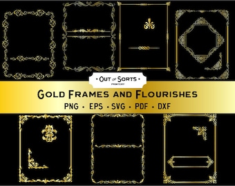 May include: A selection of gold frames and flourishes in diverse ornate designs, set against a black backdrop. The image features rectangular, square, and decorative border styles, with the text "GOLD FRAMES AND FLOURISHES" and file type options.
