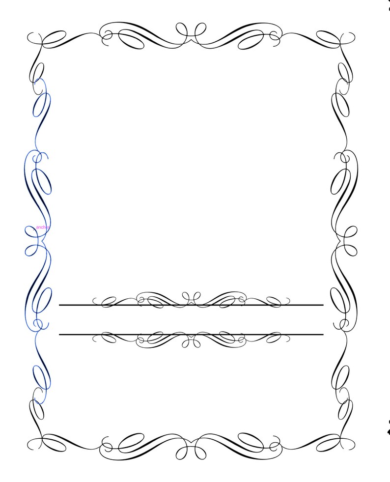 May include: A black and white decorative frame with a double line in the center. The frame has a classic, elegant design with intricate swirls and flourishes.