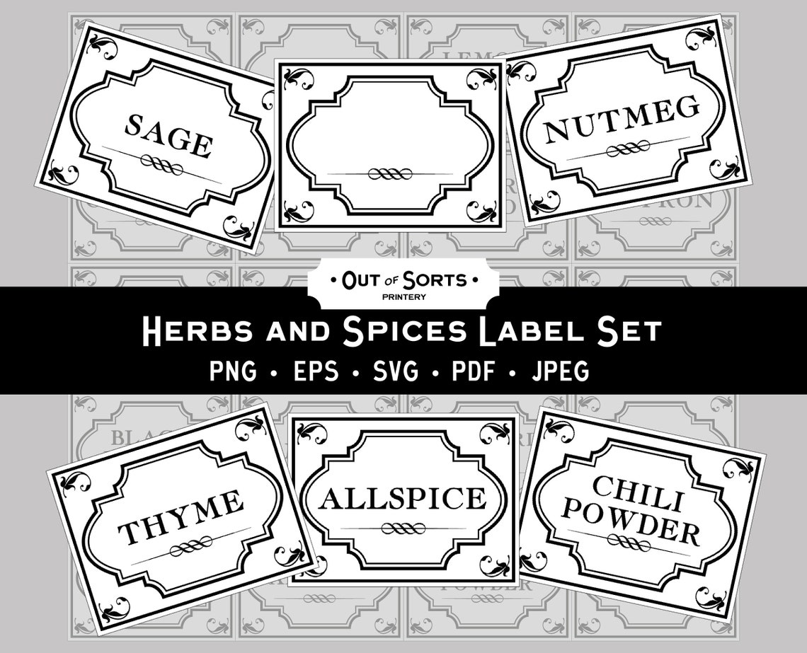 Printable Herbs and Spices Labels, SVG Cut File, Size Labels, Herb and
