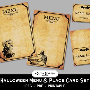 Halloween Menu Set, Halloween Place Cards, Halloween Tent Cards, Printable Party Decor, Halloween Dinner Party, Menu Cards