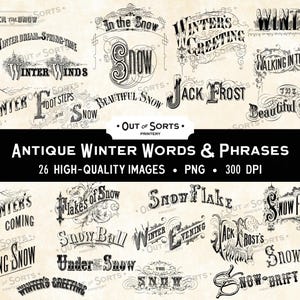 Puede incluir: Una colección de palabras y frases antiguas con temática invernal en un estilo vintage. La imagen presenta frases como "Winter Winds", "Snowflake" y "Jack Frost" en fuentes ornamentadas y decorativas. También está presente el texto "Antique Winter Words & Phrases".
