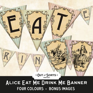 Alice im Wunderland Essen mich, trinken mich Banner, Printable Wimpelkette, Party Dekor JPEG