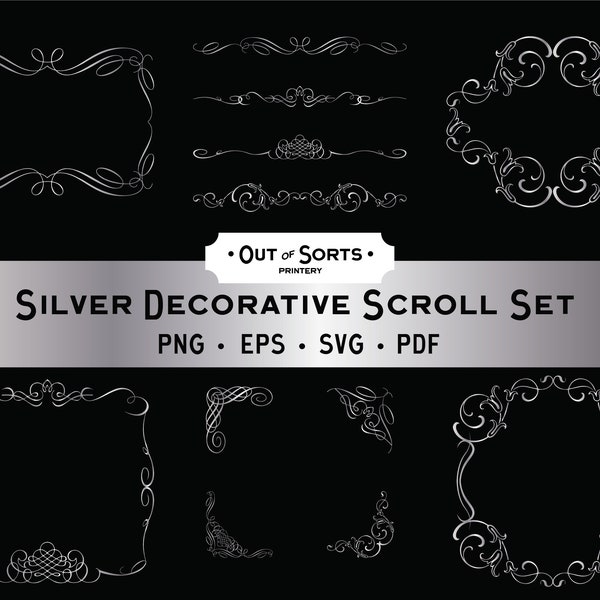 Silver Scrolls and Flourishes, Ornamental Elements, Silver Swirls SVG, Decorative Page Clipart, Borders and Frames, Corners, Dividers PNG