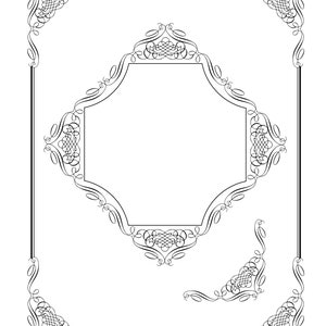 May include: A black and white decorative frame with ornate scrollwork. The frame has a square outer border and an octagonal inner border.